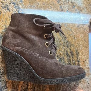 Franco Sarto dark brown 4” wedge suede eyelet booties